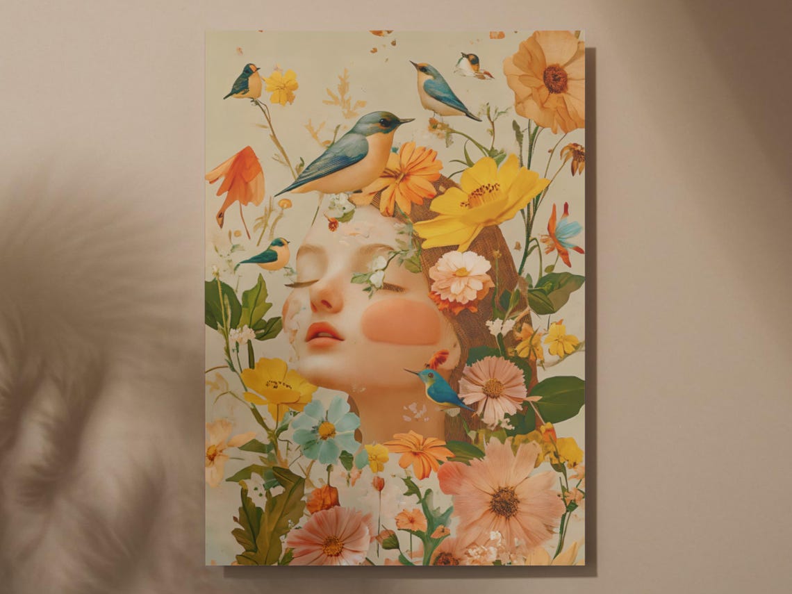 Vintage Floral Lady Portrait Yellow Poppies Birds Art Poster - Image 5