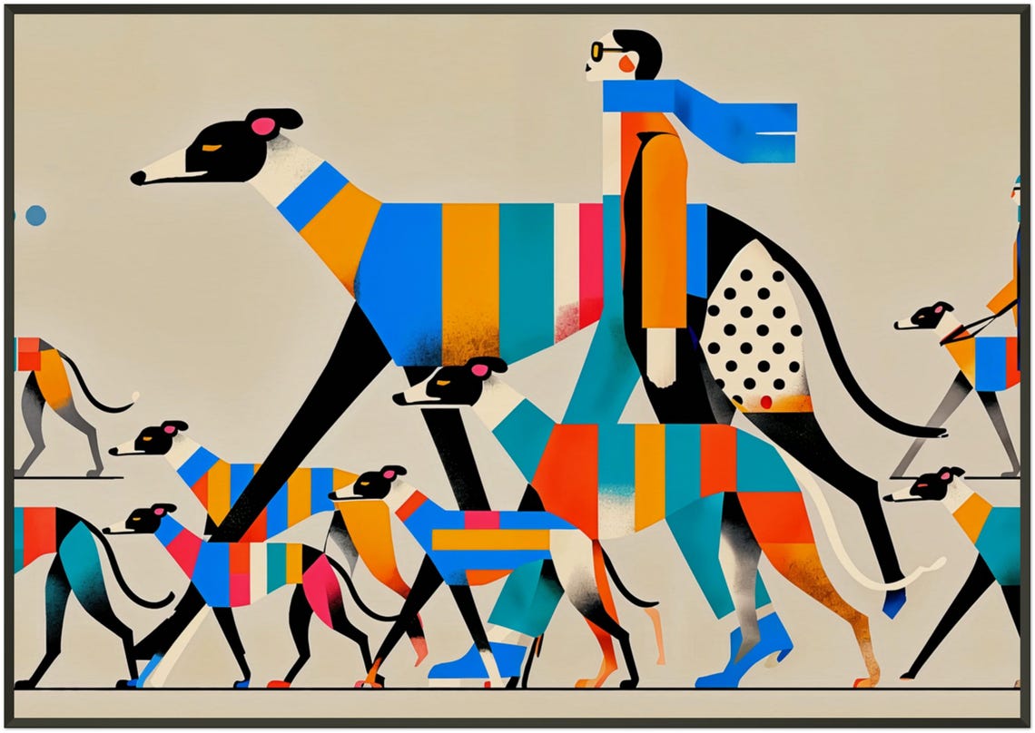 Colorful Greyhound Pack Walk Blue Scarf Geometric Modern Dog Poster - Image 5