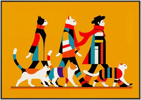 Man Walking Three Patterned Cats Orange Pop Art Cat Lover Poster