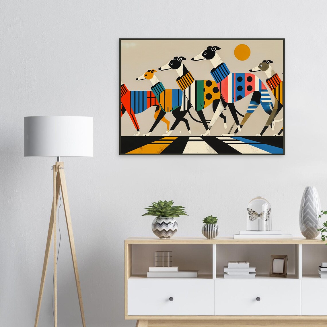 Greyhounds Crossing Bold Striped Road Geometric Dog Art Poster - Image 2