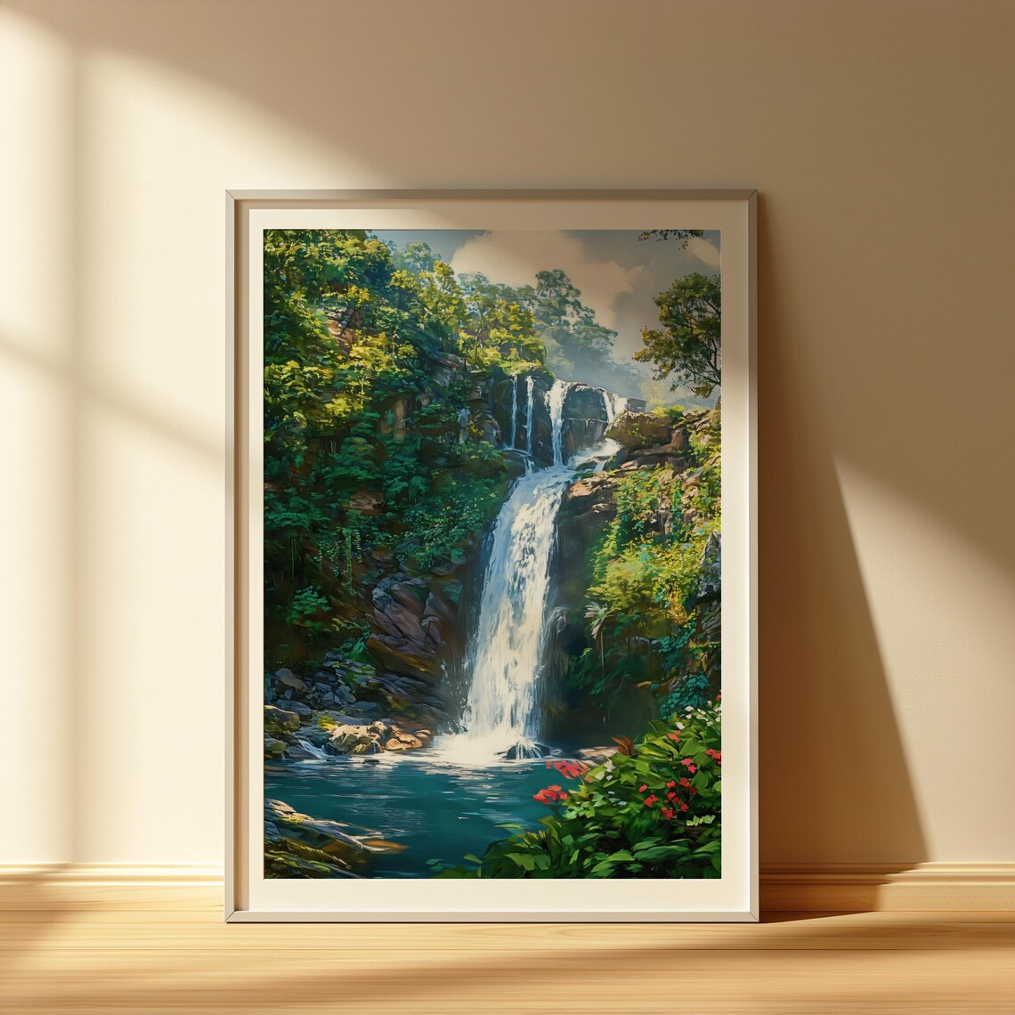 Waterfall Wall Art Mountain Forest Waterfall Landscape Illustration Tropical Botanical Art Unframed - Image 5