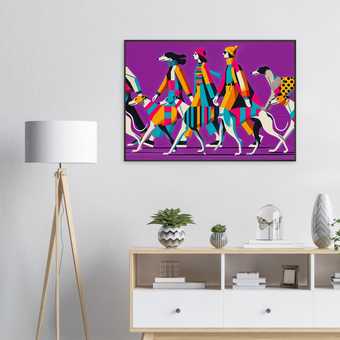 Women Walking Greyhounds Purple Geometric Modern Dog Art Poster - Image 2