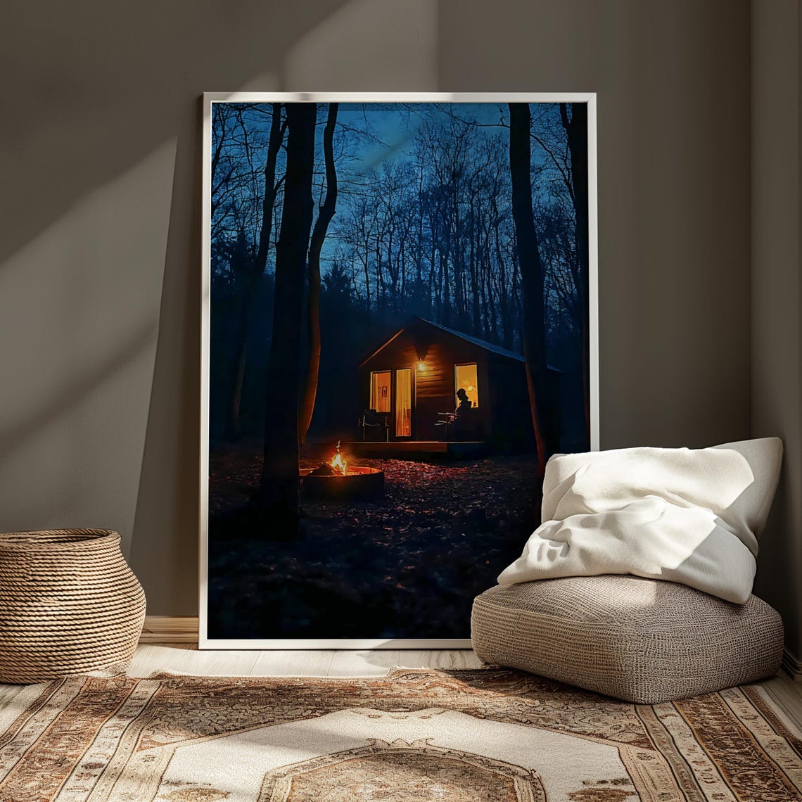 Night Cabin In Dark Winter Woods With Campfire Glow Art Poster - Image 5
