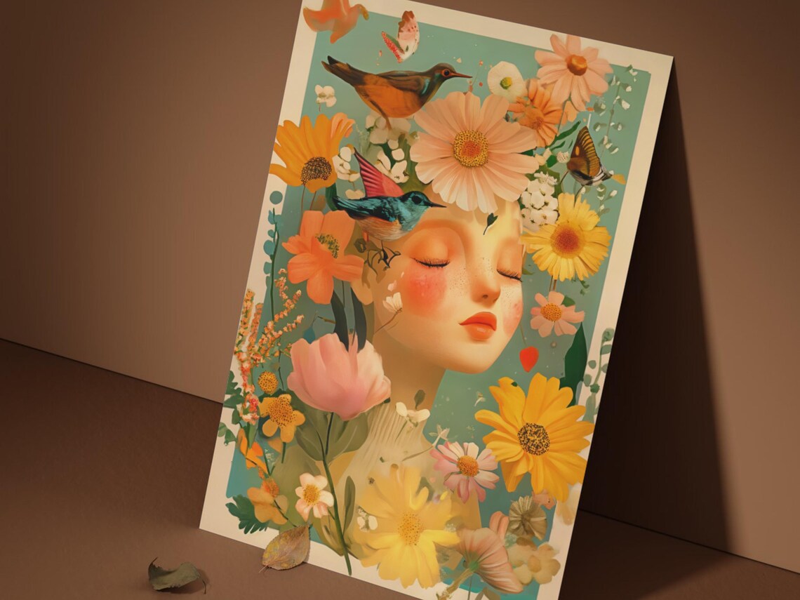 Vintage Floral Lady Portrait Butterflies Blooms Retro Boho Poster - Image 4
