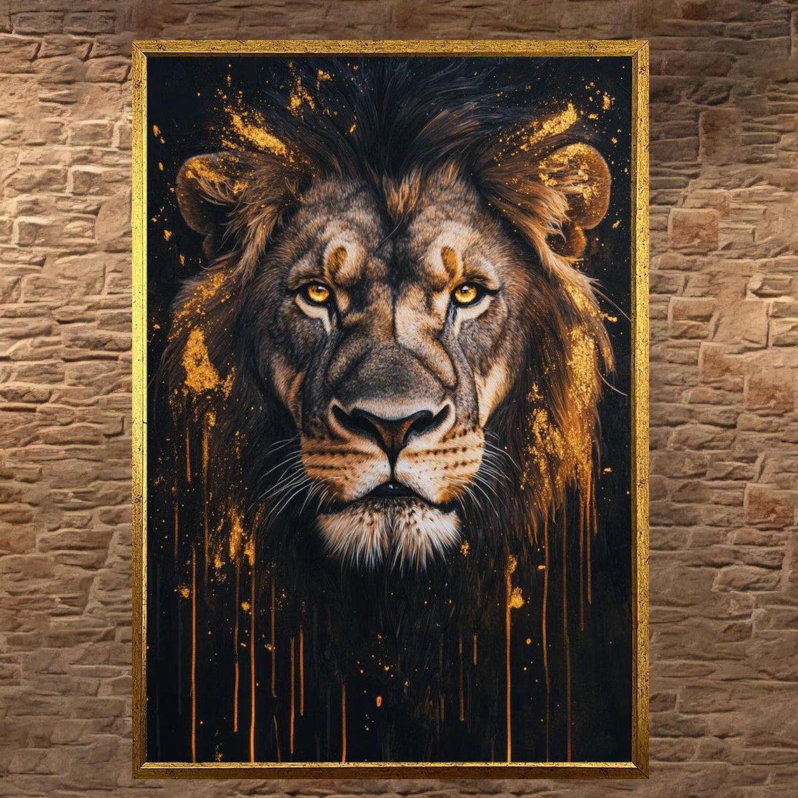 Striking Lion Face With Molten Gold Paint Drips on Black Poster