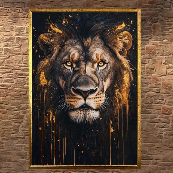 Striking Lion Face With Molten Gold Paint Drips on Black Poster