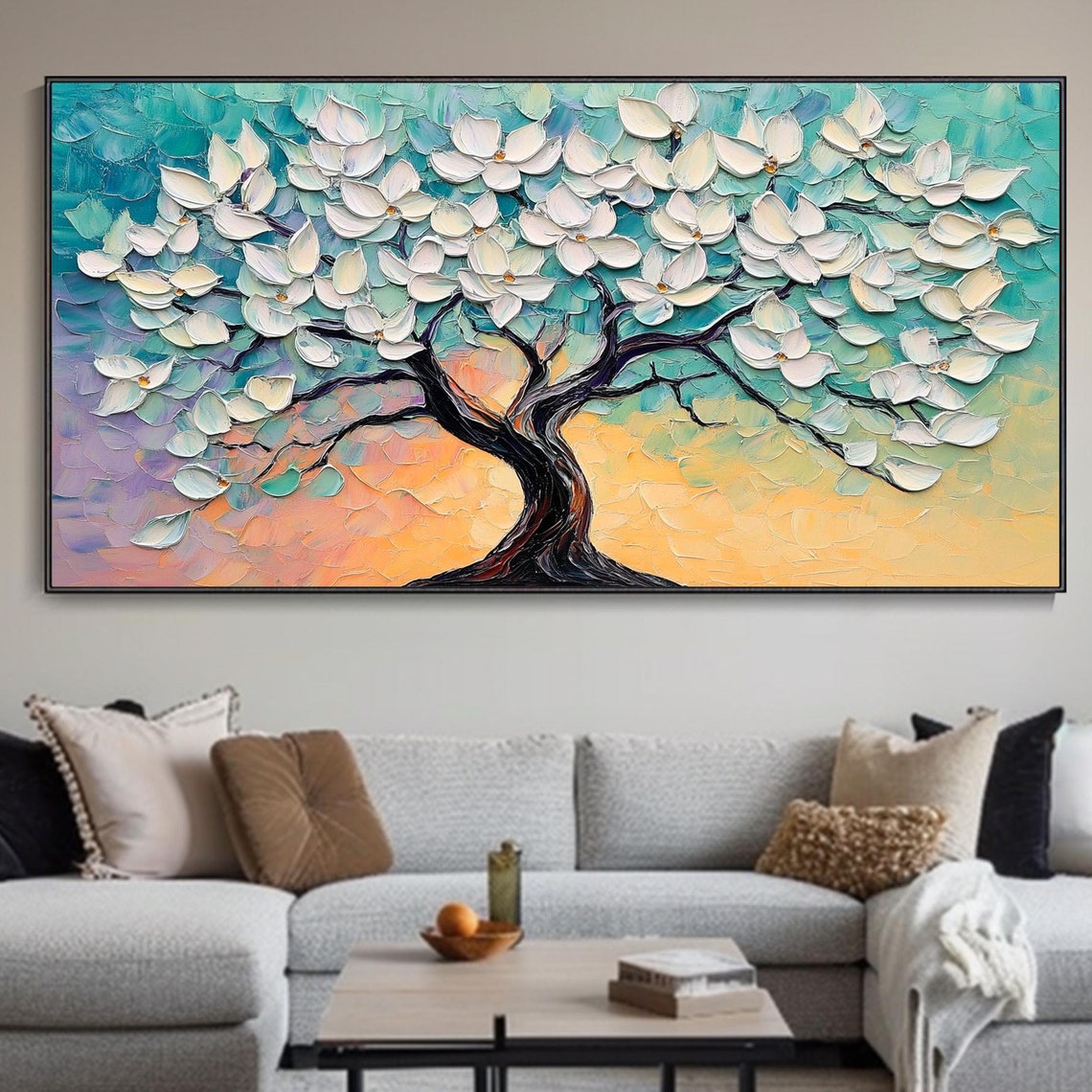 White Flowering Tree Teal Sunset Background Textured Oil Art Poster - Image 2