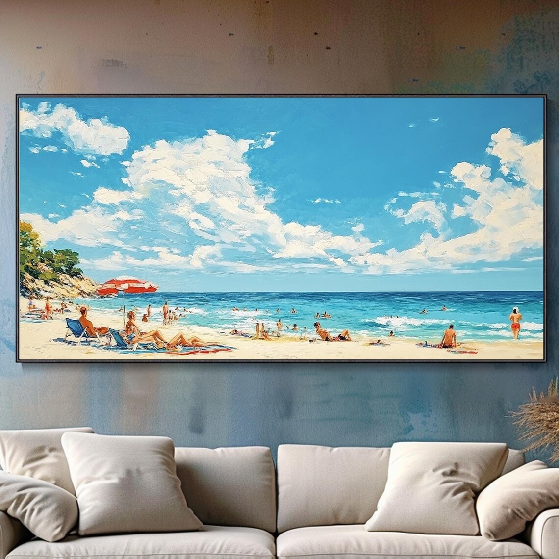Sunny Beach Day Sunbathers Blue Ocean Seascape Oil Painting Wall Art