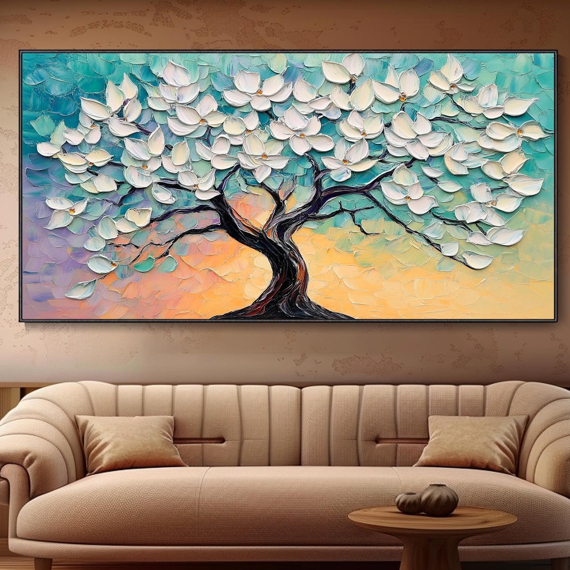 White Flowering Tree Teal Sunset Background Textured Oil Art Poster - Image 3