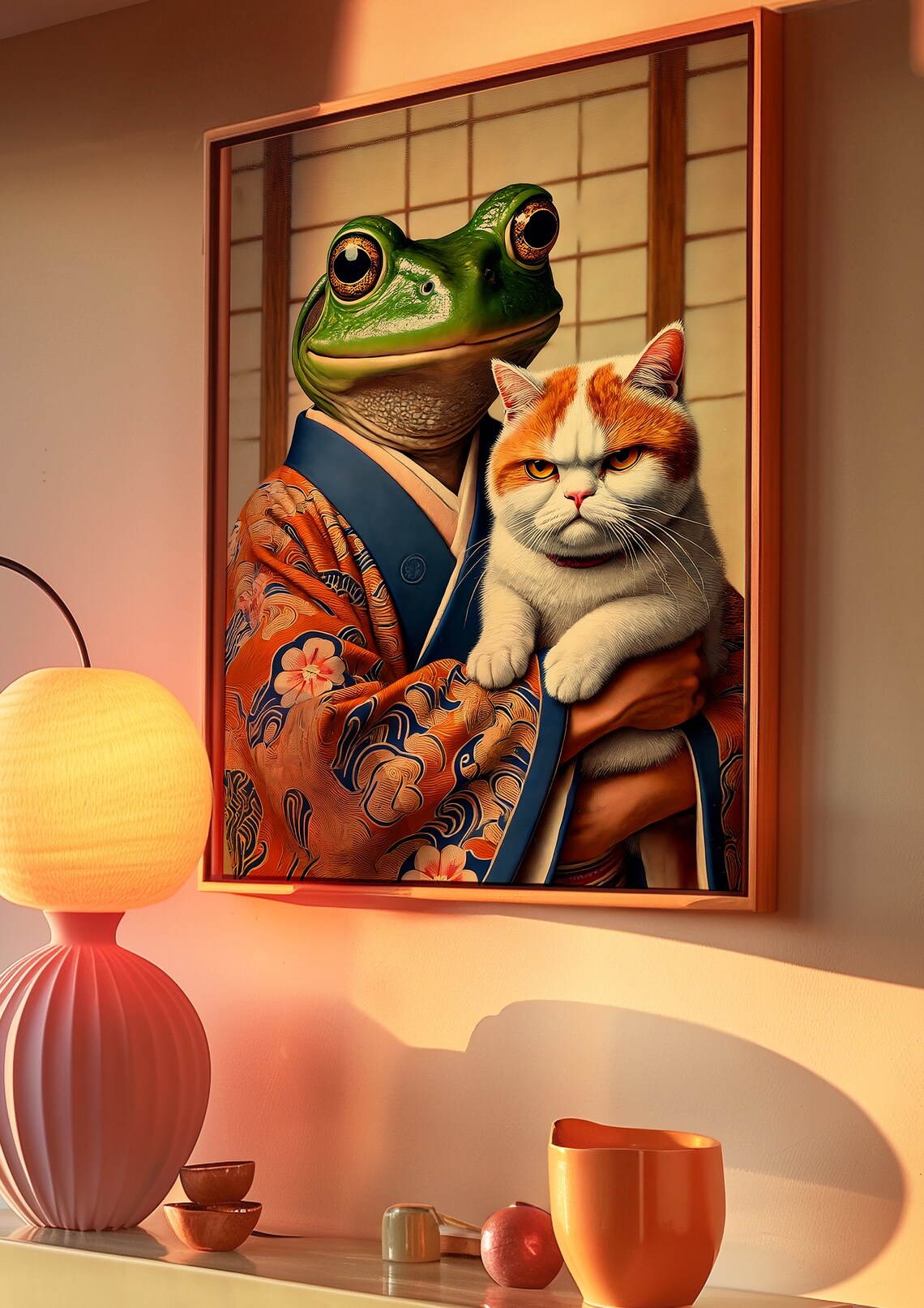 Smiling Frog in Japanese Kimono Holding Grumpy Orange Cat Funny Animal Poster - Image 4