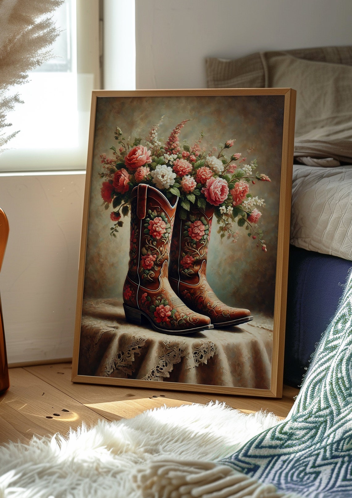 Floral Cowboy Boots Pink Roses Lace Table Vintage Western Art Poster - Image 2