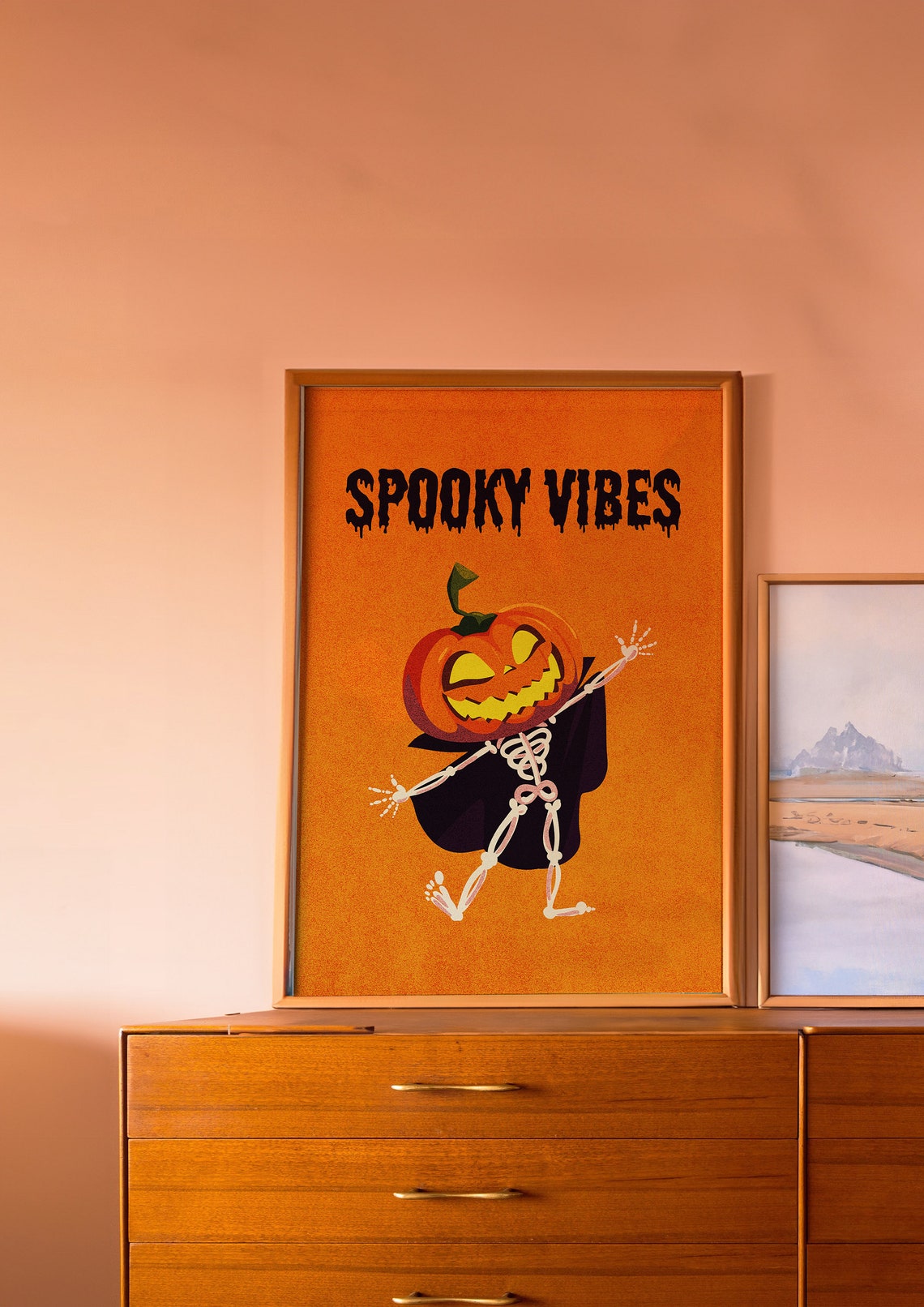 Spooky Vibes Pumpkin Head Skeleton Dance Black Cape Halloween Poster - Image 3