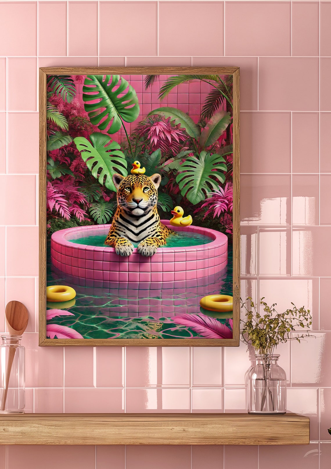 Leopard In Pink Tiled Pool With Rubber Ducks Funny Art Poster - Image 5