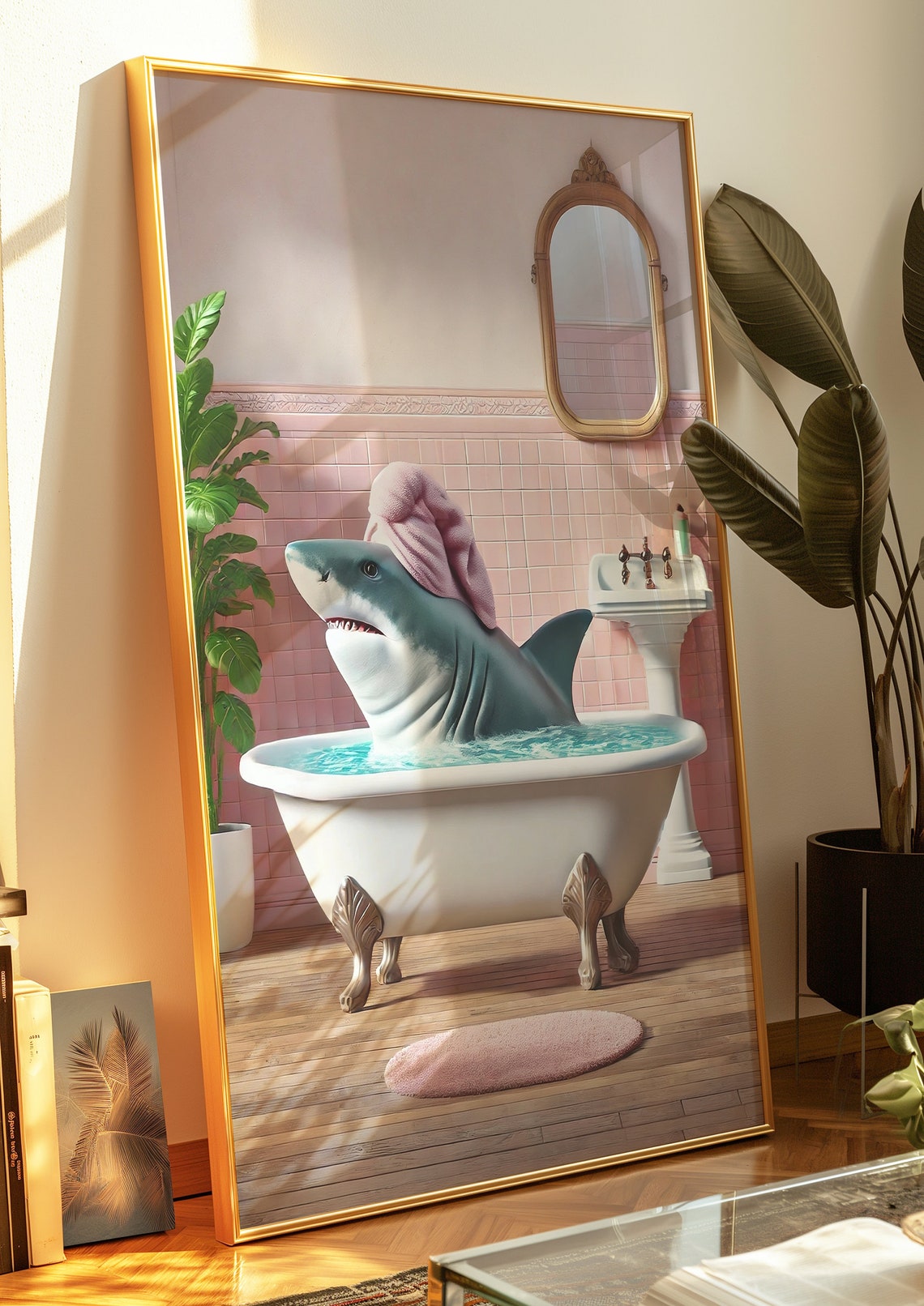 Shark in Bathtub Towel Turban Pink Bathroom Funny Animal Poster - Image 3