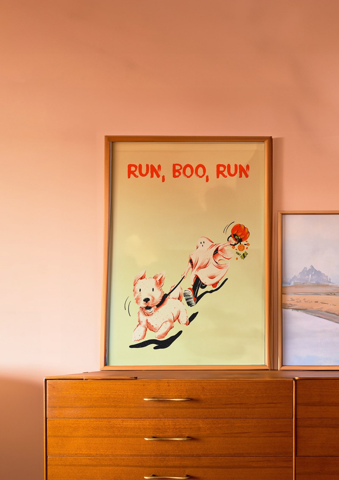 Run Boo Run Halloween Dog And Ghost Candy Chase Retro Wall Art - Image 3