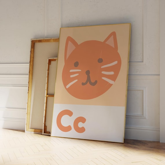 Smiling Orange Cat Letter C Alphabet Warm Nursery Kids Educational Poster