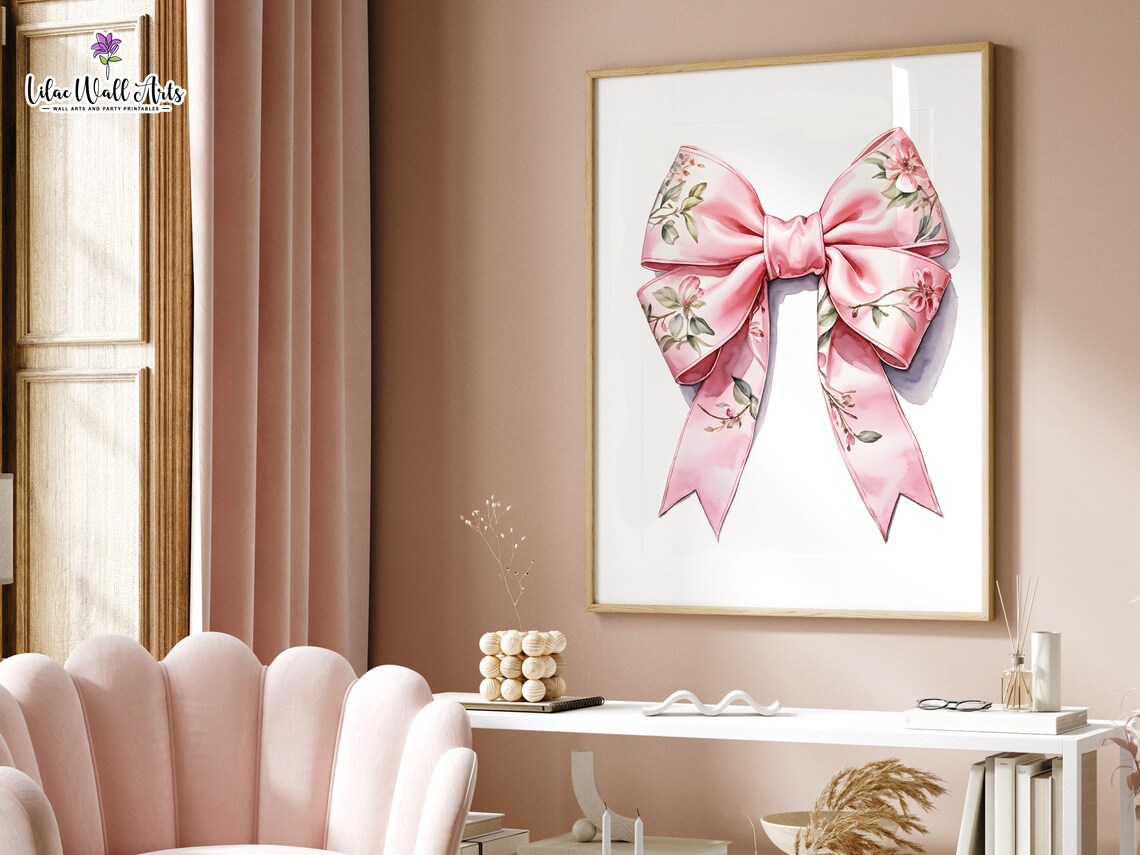 Pink Floral Bow Watercolor Poster Chinoiserie Ribbon Girls Room Art - Image 5