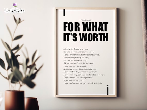 For What Its Worth F Scott Fitzgerald Typography Quote Poster Minimal