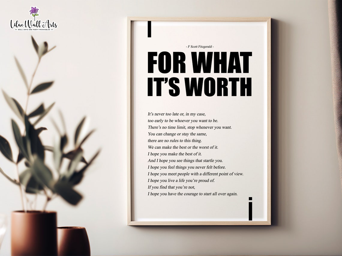 For What Its Worth F Scott Fitzgerald Typography Quote Poster Minimal