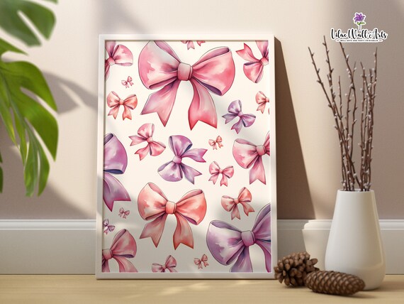 Cute Bow Wall Art Print Bespoke Bow Art Pink Bows Poster Pink Coquette Bows Dollette Posters Light Pink Art Girls Nursery Prints