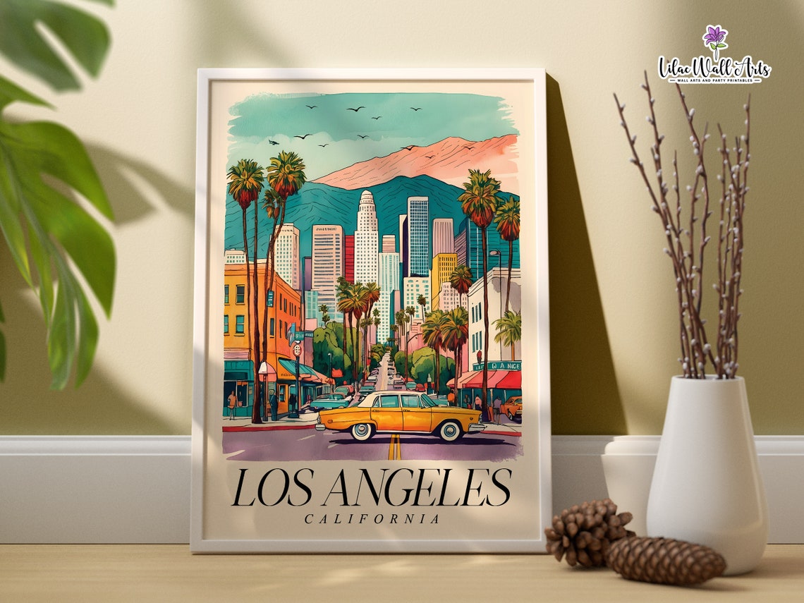 Los Angeles California Vintage Travel Poster Downtown LA Skyline Art
