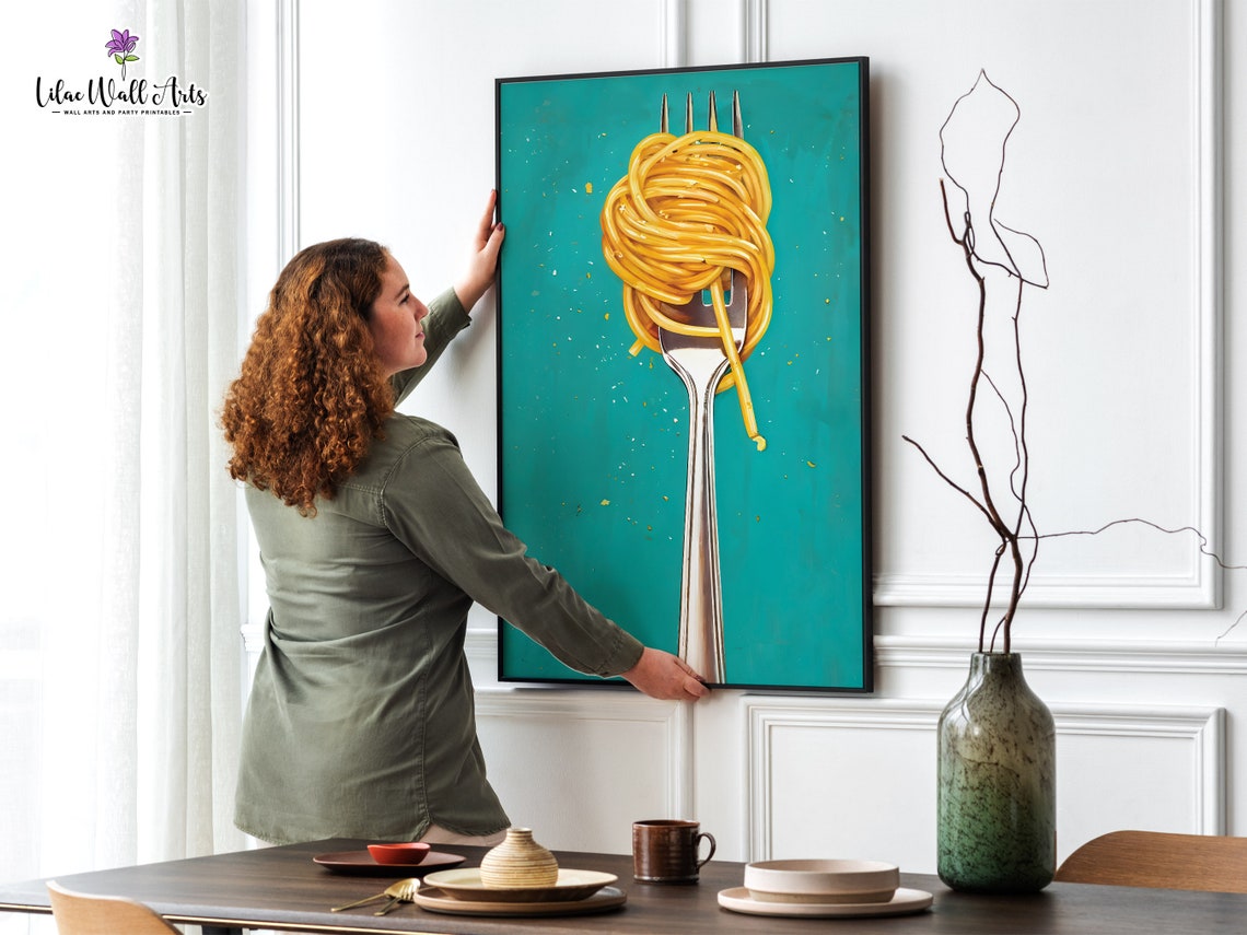 Spaghetti Fork Twirl Pop Art Teal Background Kitchen Food Poster