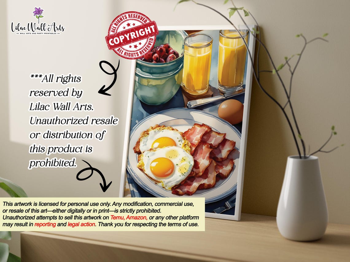 Watercolor Breakfast Plate Eggs Bacon Retro Kitchen Food Poster - Image 2