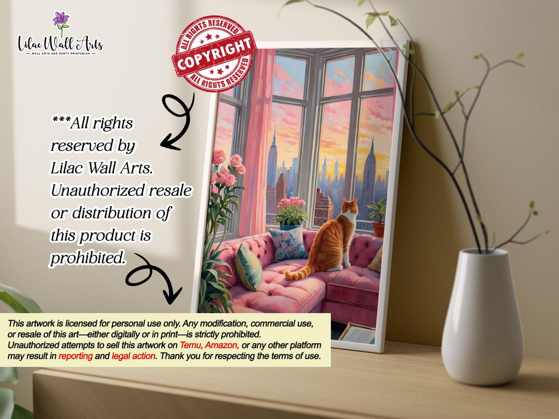 Orange Cat Pink Apartment Sunset Poster City Window Cat Art Decor - Image 5