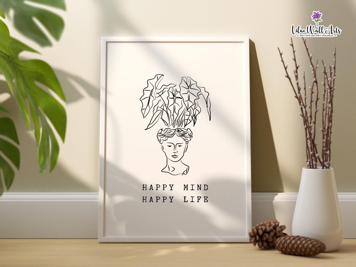 Happy Mind Happy Life Line Art Bust Botanical Quote Wall Poster - Image 3