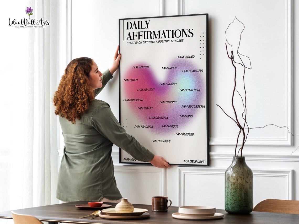Daily Affirmations Pink Heart Aura I Am Worthy Self Love Quote Poster - Image 2
