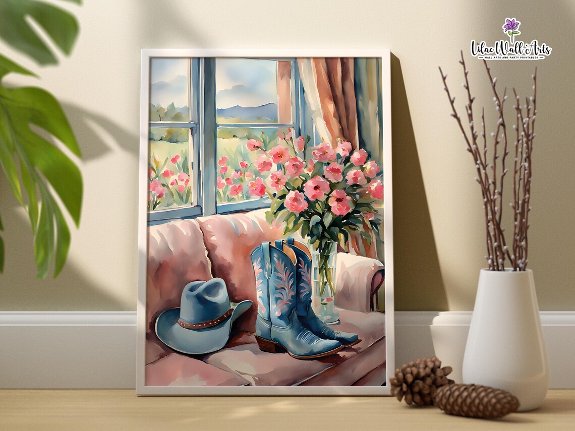 Blue Cowgirl Boots And Hat Watercolor Country Western Floral Poster - Image 3