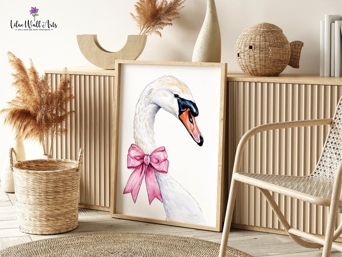 Swan Head Pink Bow Watercolor Poster Coquette Swan Art Girl Decor - Image 3