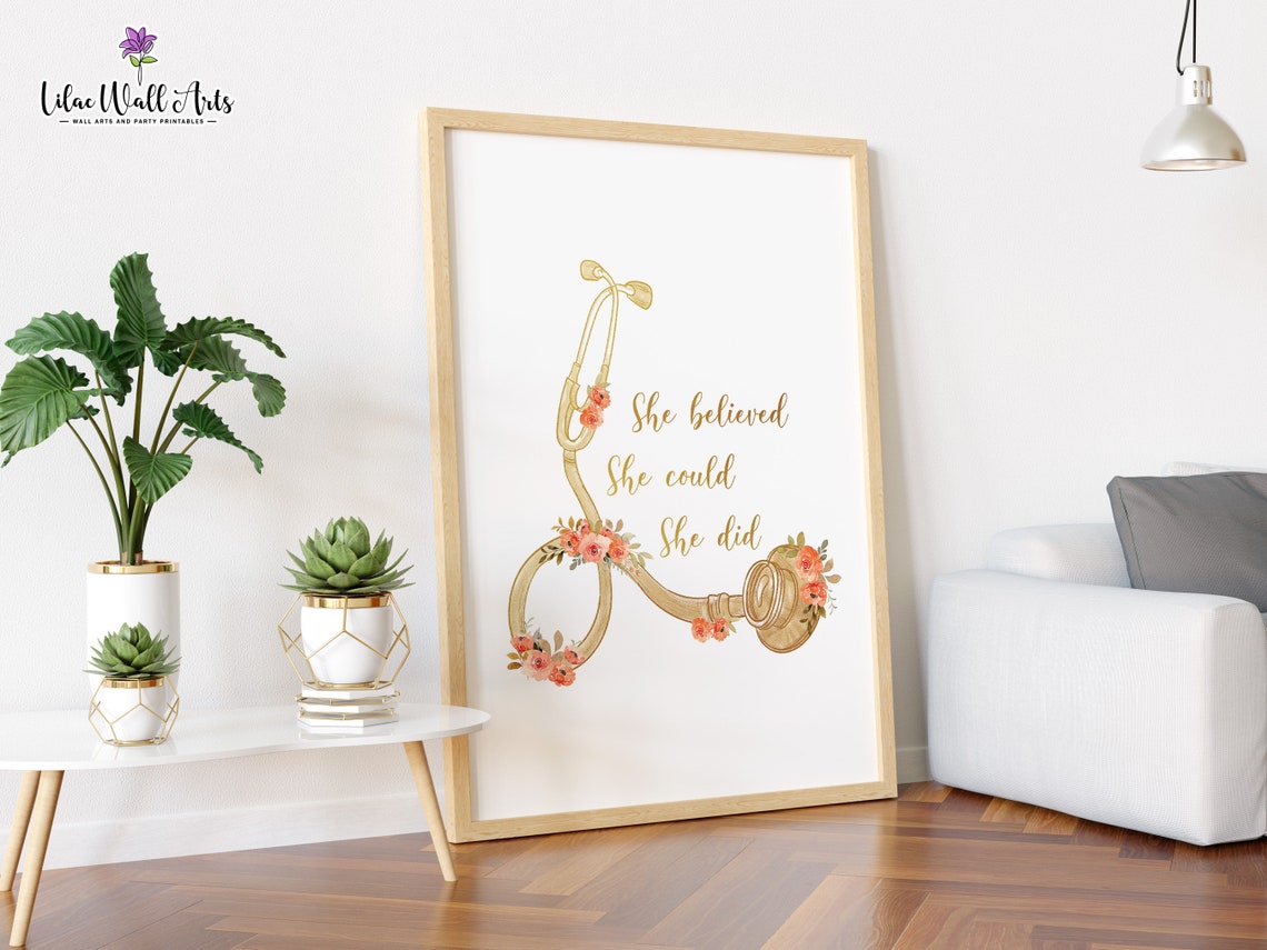 She Believed She Could So She Did Gold Stethoscope Nurse Gift Poster - Image 5