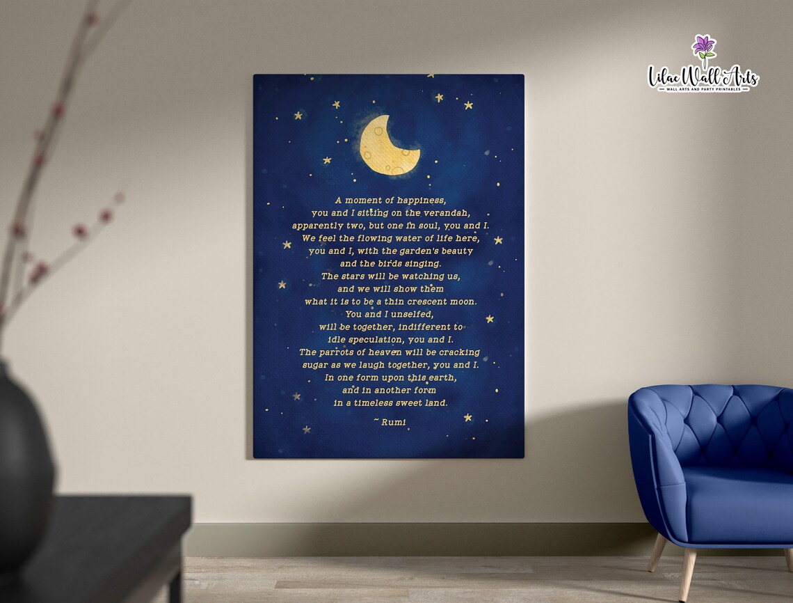 Rumi A Moment of Happiness Poem Poster Moon Stars Night Sky Quote Art - Image 2