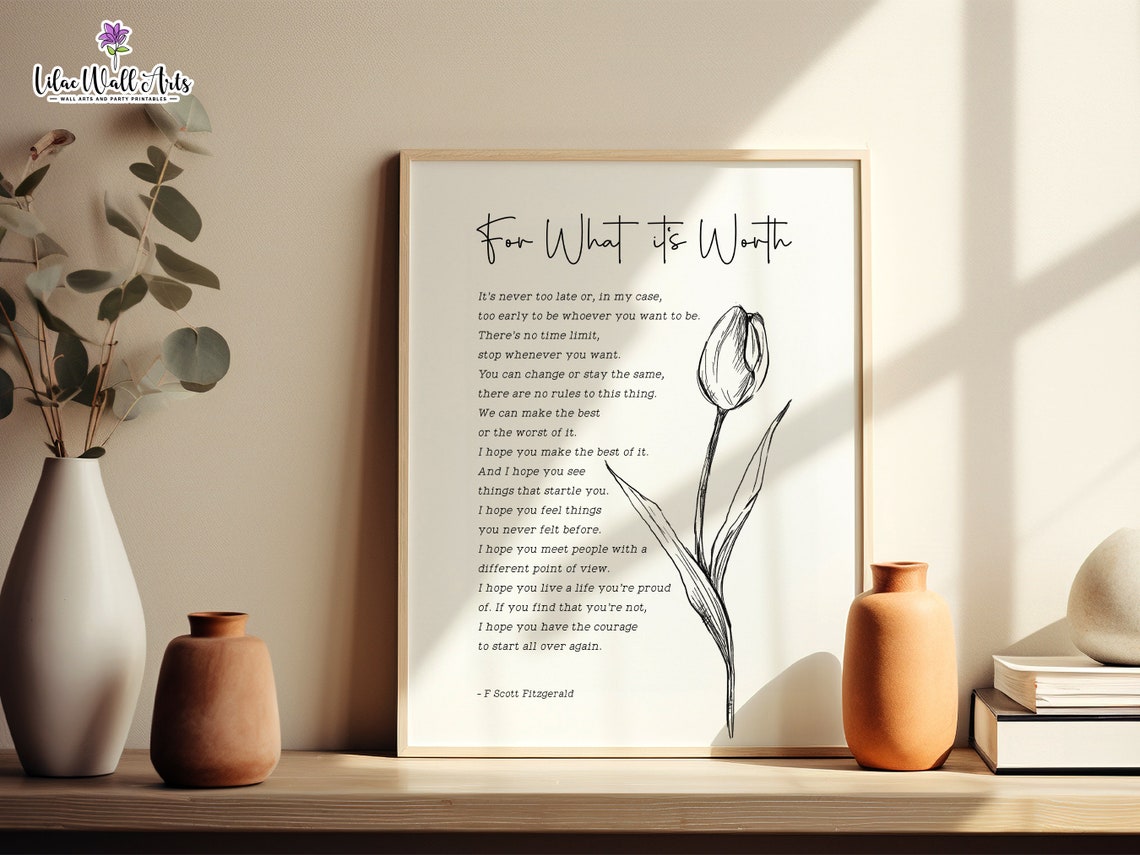 For What It's Worth F Scott Fitzgerald Tulip Quote Typography Print