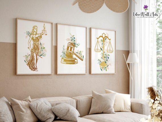 Lady Justice Gavel Scales Gold Floral Trio Law Office Decor Poster