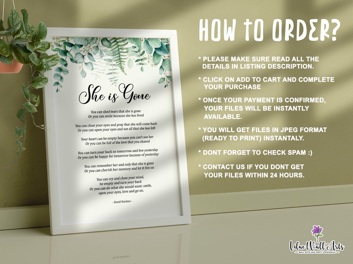 She Is Gone Memorial Poem David Harkins Greenery Sympathy Poster - Image 2