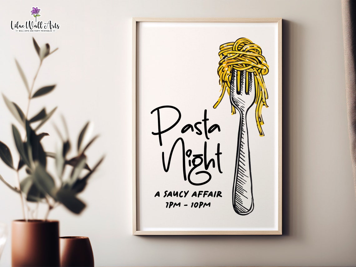 Pasta Night A Saucy Affair Funny Kitchen Poster Fork Spaghetti Decor