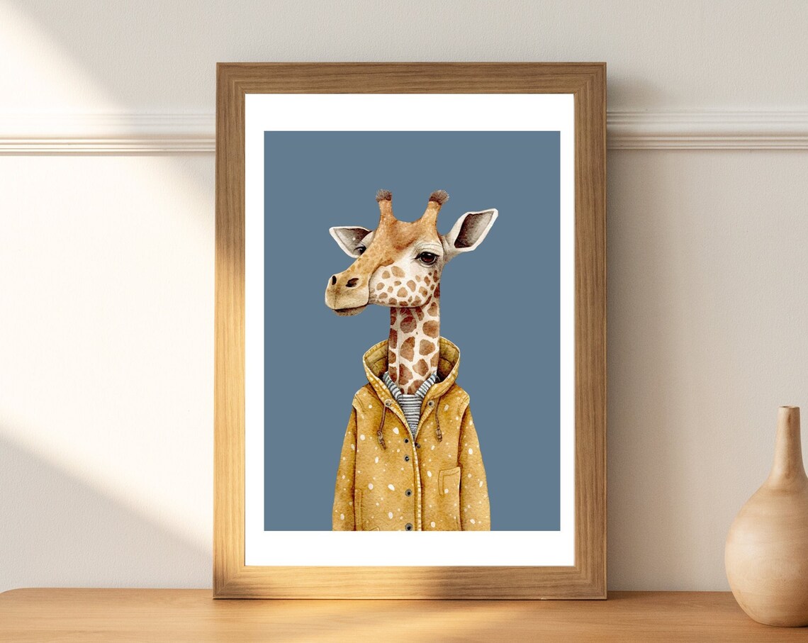 Giraffe in Mustard Polka Dot Raincoat Watercolor Nursery Art Print - Image 4