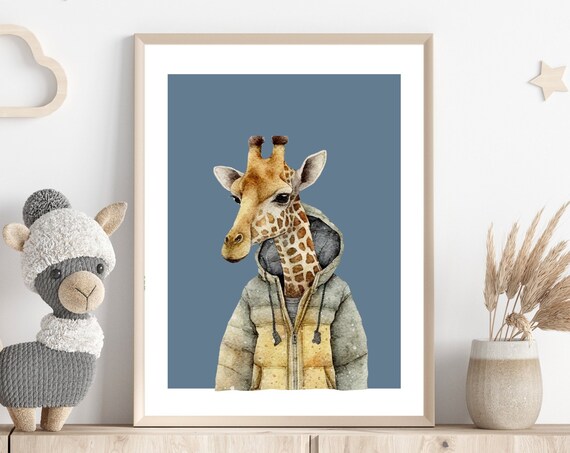 Cute Giraffe in Winter Puffer Jacket Watercolor Nursery Art Print