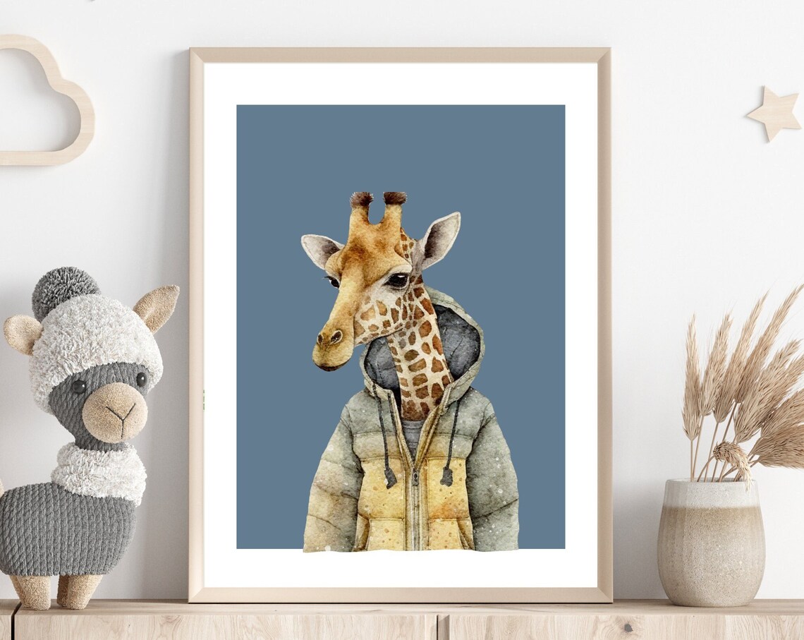 Cute Giraffe in Winter Puffer Jacket Watercolor Nursery Art Print