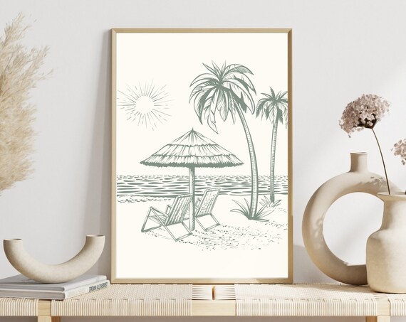 Sage Green Beach Scene Palm Trees Umbrella Line Art Coastal Poster