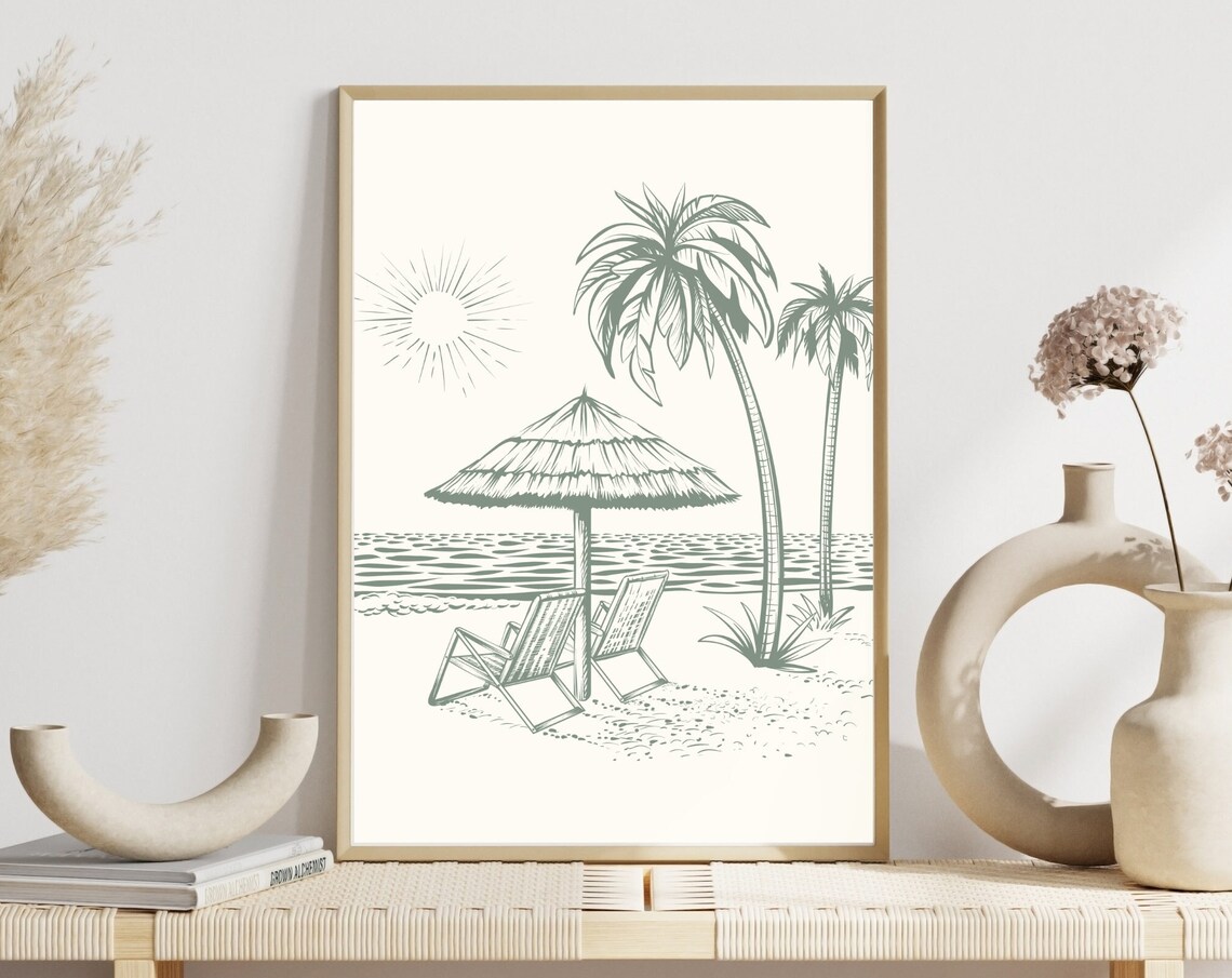 Sage Green Beach Scene Palm Trees Umbrella Line Art Coastal Poster