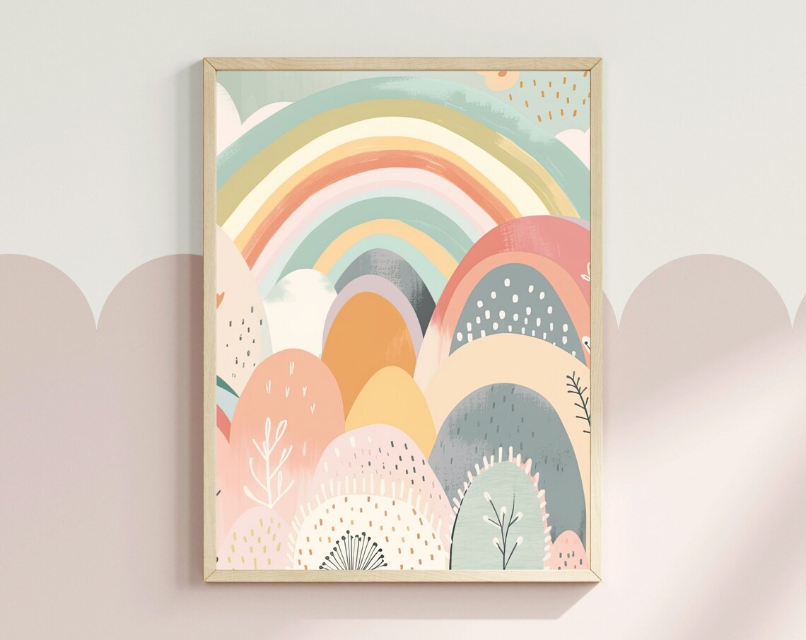Pastel Rainbow Over Rolling Hills Modern Abstract Nursery Art Poster