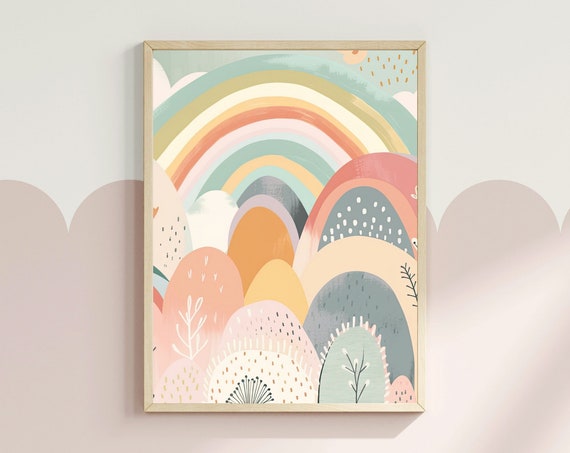 Pastel Rainbow Nursery Art Colourful Kids Room Print Boho Nursery Decor Girls Room Scandi Style Art Weather Poster Rainbow Art