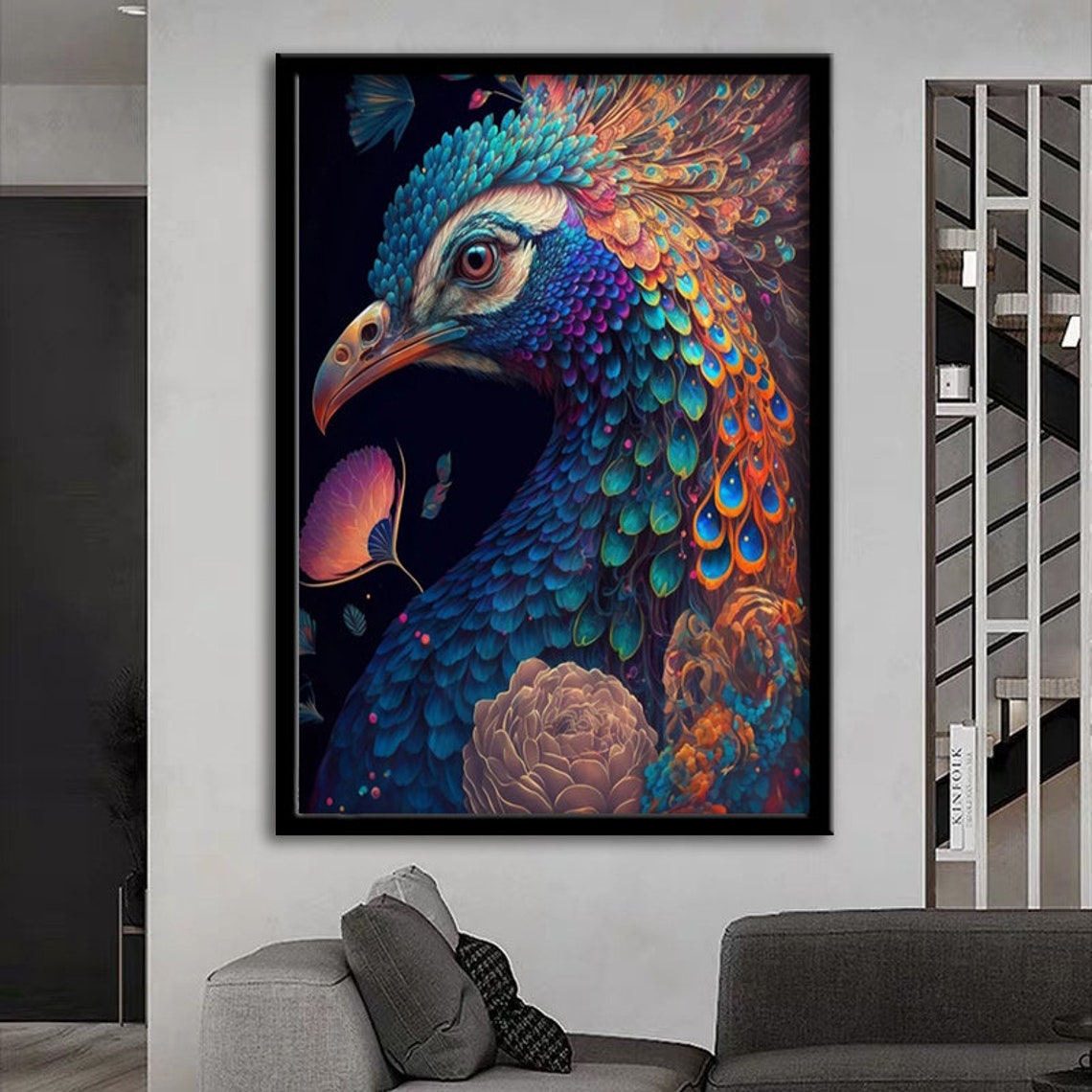 Vibrant Peacock Head Portrait Colorful Feathers Bird Art Poster - Image 2