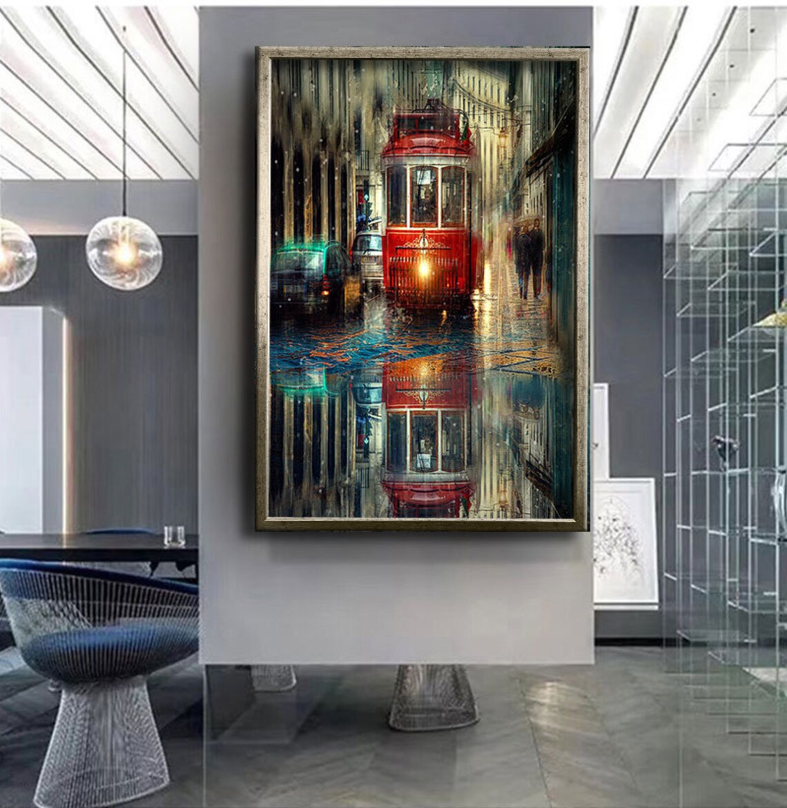 Red Vintage Tram Rainy City Street Night Reflections Wall Poster - Image 4