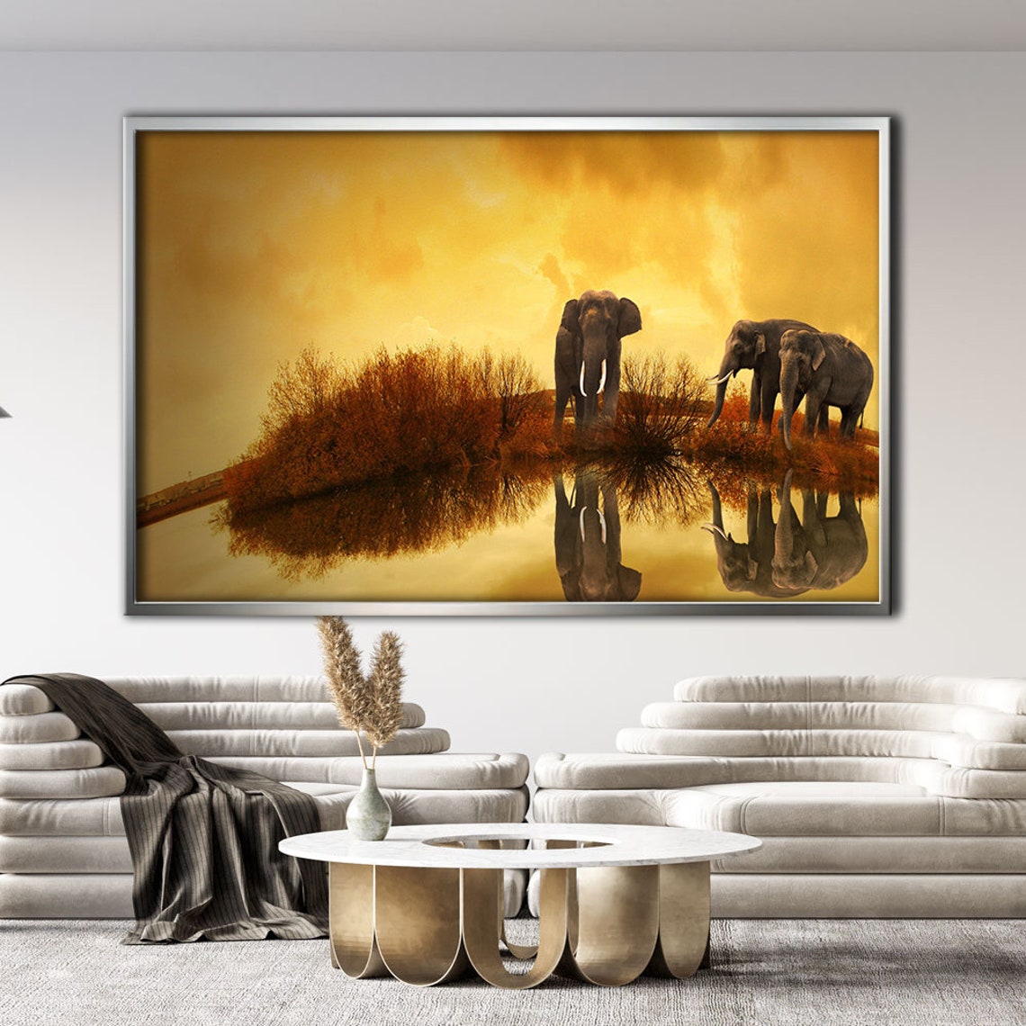 Three Elephants At Golden Sunset Water Reflection Safari Art Poster - Image 4