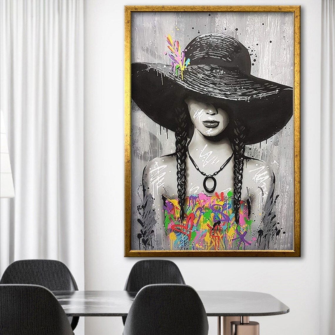 Monochrome Woman Wide Hat Graffiti Dress Street Art Wall Poster - Image 4