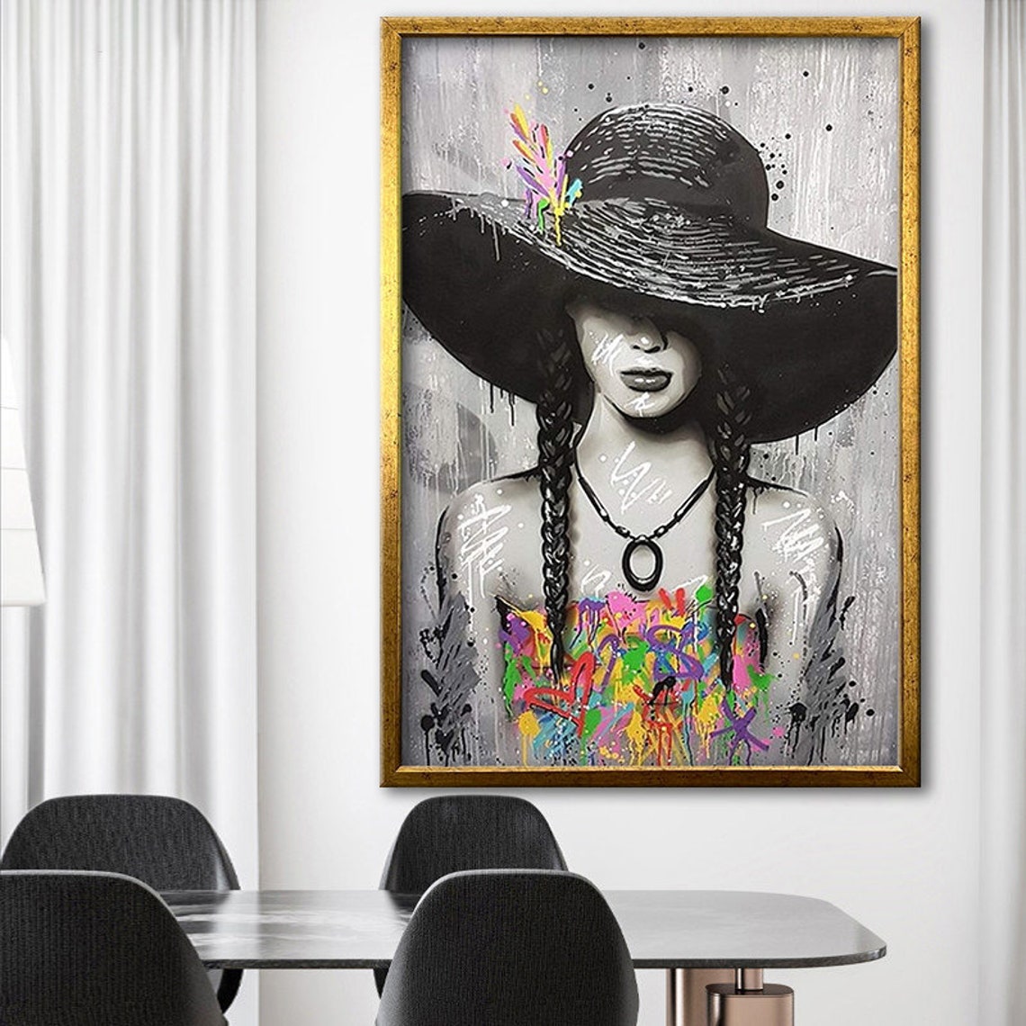 Pop Art Woman Painting Graffiti Woman Print Painting Woman In Hat Black And White Painting Print Ready To Hang Wall Print - Image 4
